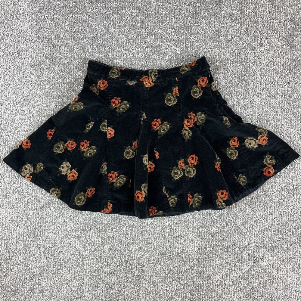 Free People Skirt Womens 2 Black Corduroy Floral Button Pleated Boho Retro Fall