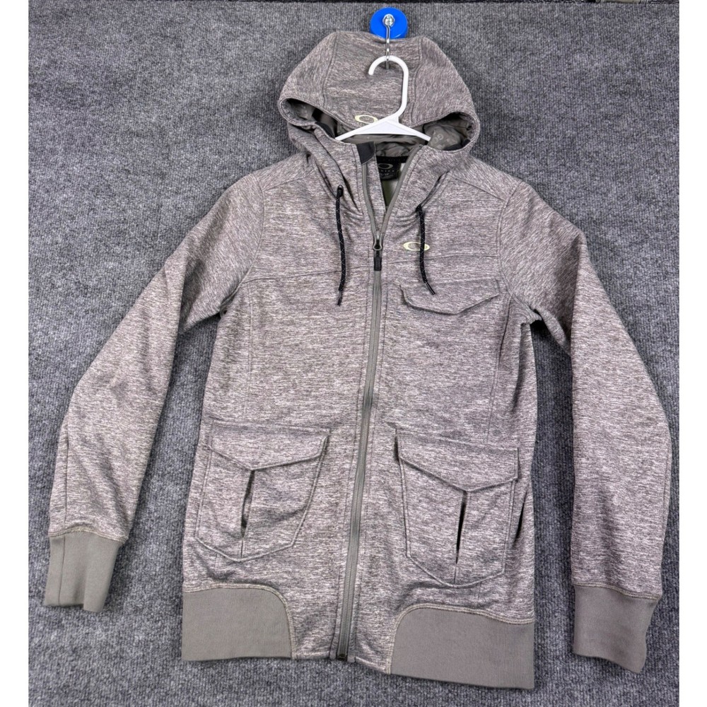 Oakley Womens XS Full Zip Heather Grey Fleece Lined Hoodie Jacket Utility Pocket