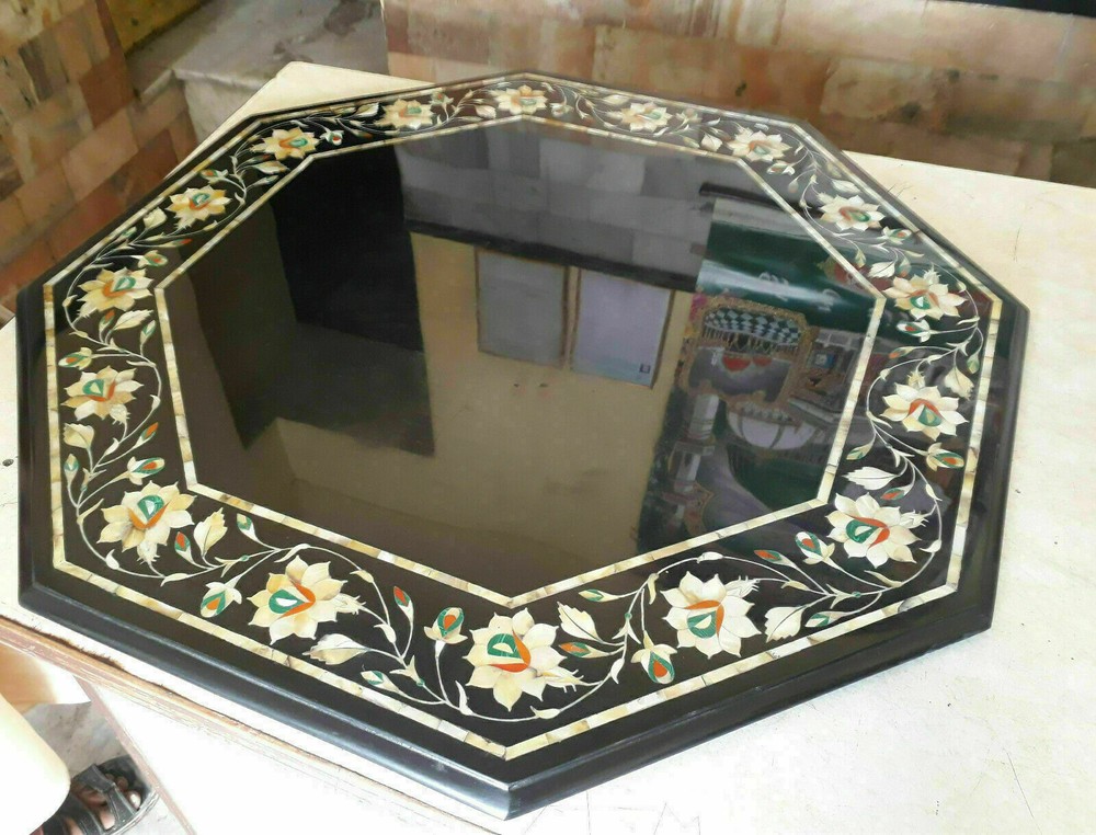 Custom Marble Black Dining Coffee Top Table Mop Inlaid Pietradura Floral Arts