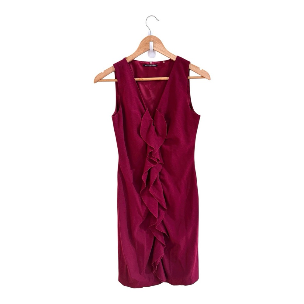 Elie Tahari Ruffle Front V Neck Sleeveless Burgundy Red Sheath Womens Size 2