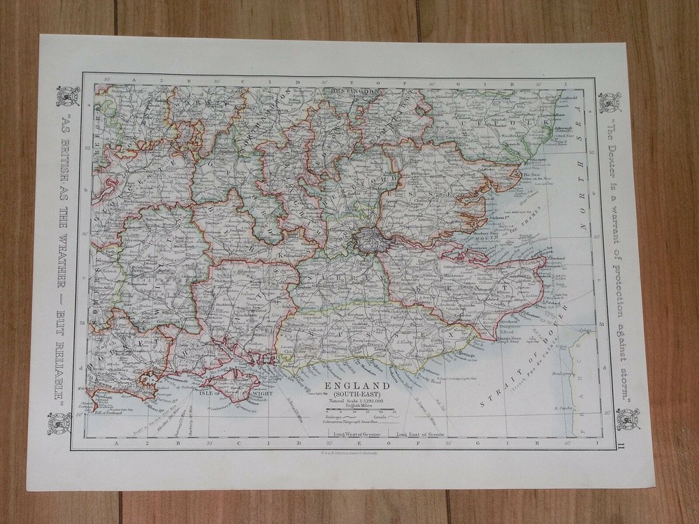1921 Antique Map Of Southern England London Essex Kent Surrey Verso / Scotland