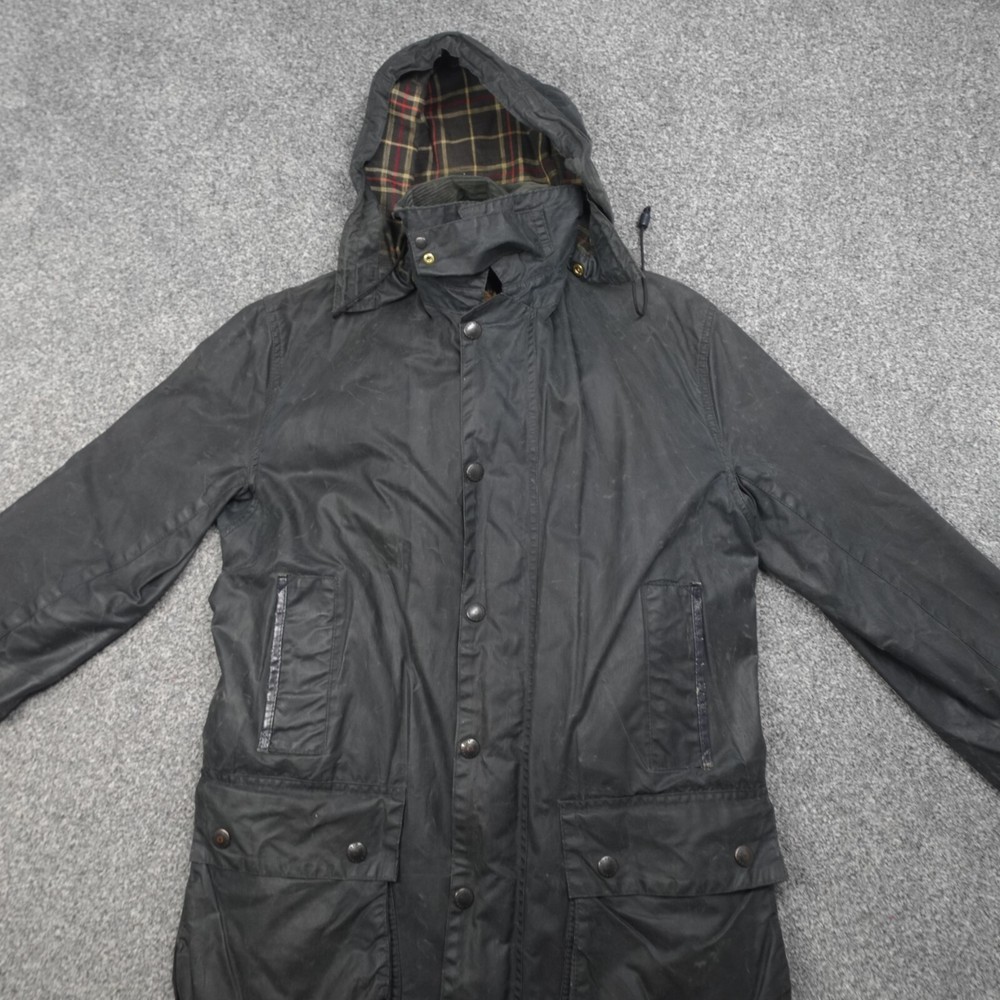 Barbour Border Wax Jacket Mens Size c36 Black Sherpa Lined Long Hood