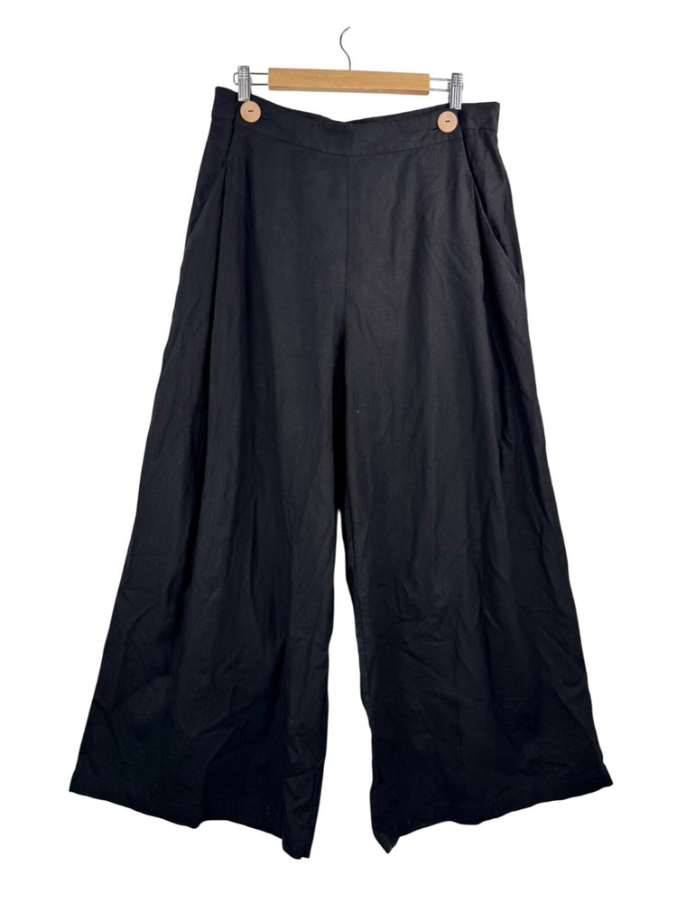 C&A Canada lagen look wide leg button pleated linen pants black 90s sz 11