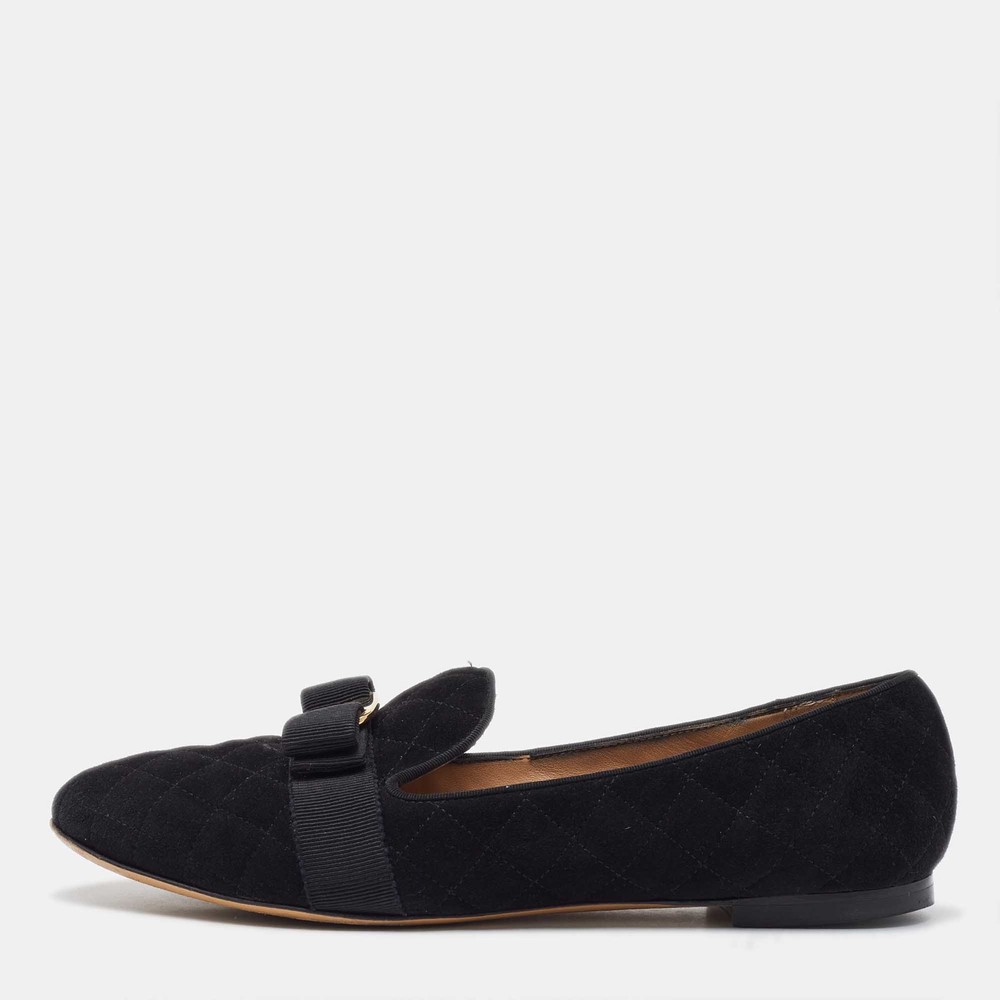 Salvatore Ferragamo Black Suede Vara Bow Smoking Slippers Size 40.5