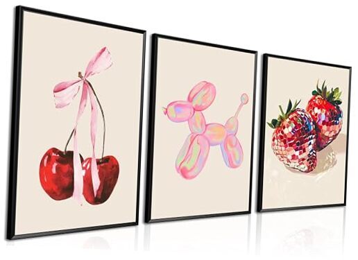 Funky Fruit Posters Wall Art Set of 3, Red Disco Posters 12''x16'' 3piece Pink