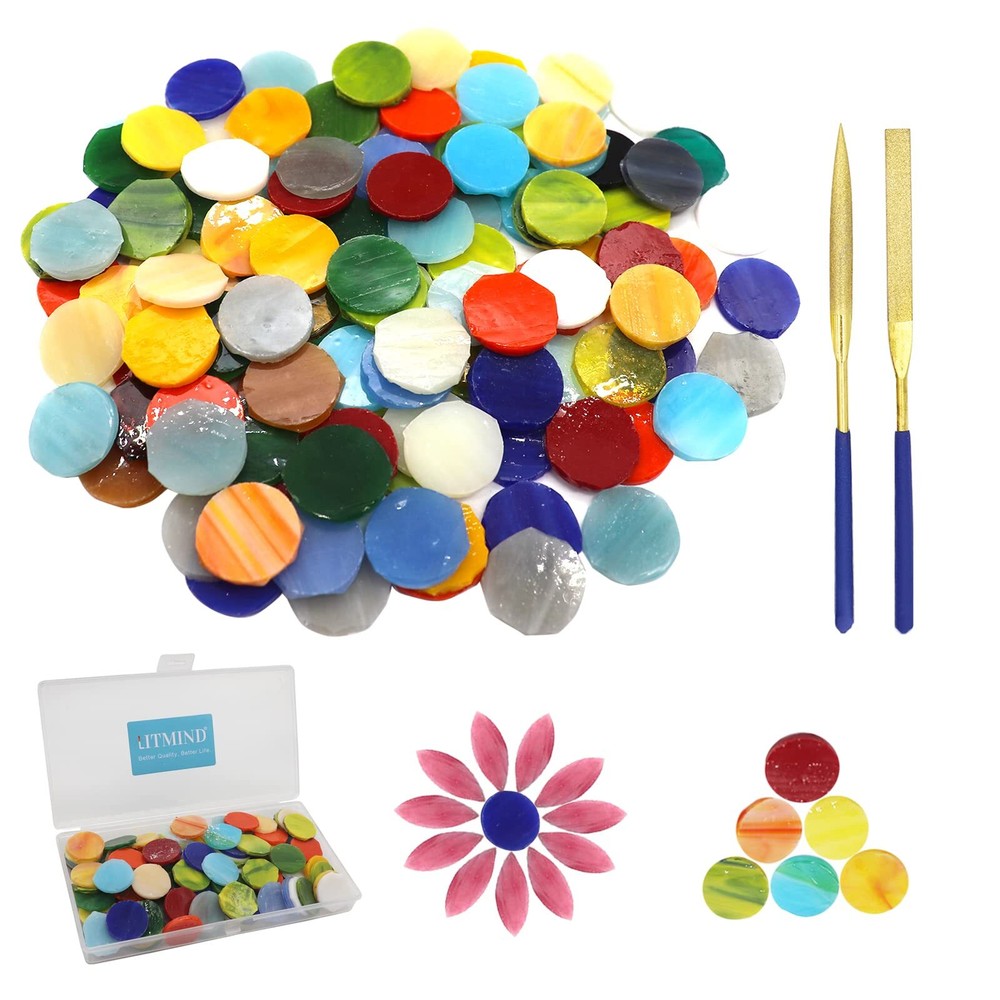 LITMIND 120 Pcs Round Stained Glass Kit, Precut Petal Glass Mosaic Tiles, Sta...