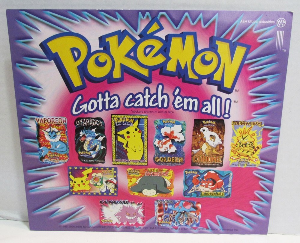 POKEMON STICKERS 1998 BUBBLE GUM MACHINE VENDING DISPLAY CARD PIKACHU SNORLAX