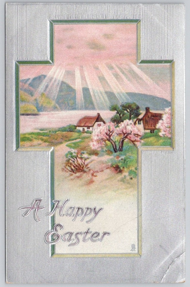 Raphael Tuck Silver Cross Easter Postcard Embossed Saxony Blossoms c.1907