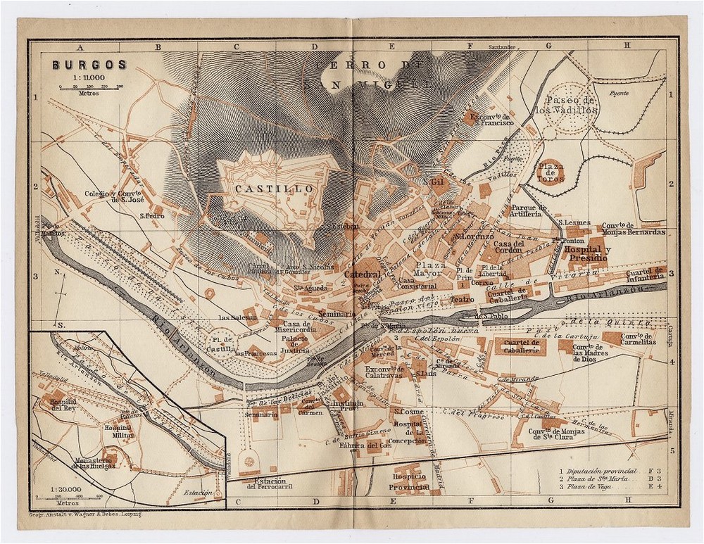 1913 Original Antique City Map Of Burgos / Castile / Spain