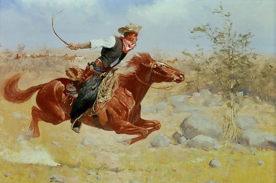 Huge Oil painting horseman cowboy rider riding red horse running in landscape
