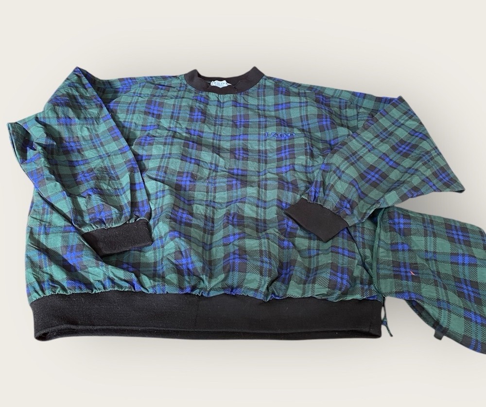 Izod Jacket Mens Large Green Plaid Windbreaker Pullover Golf Packable Anorak NEW