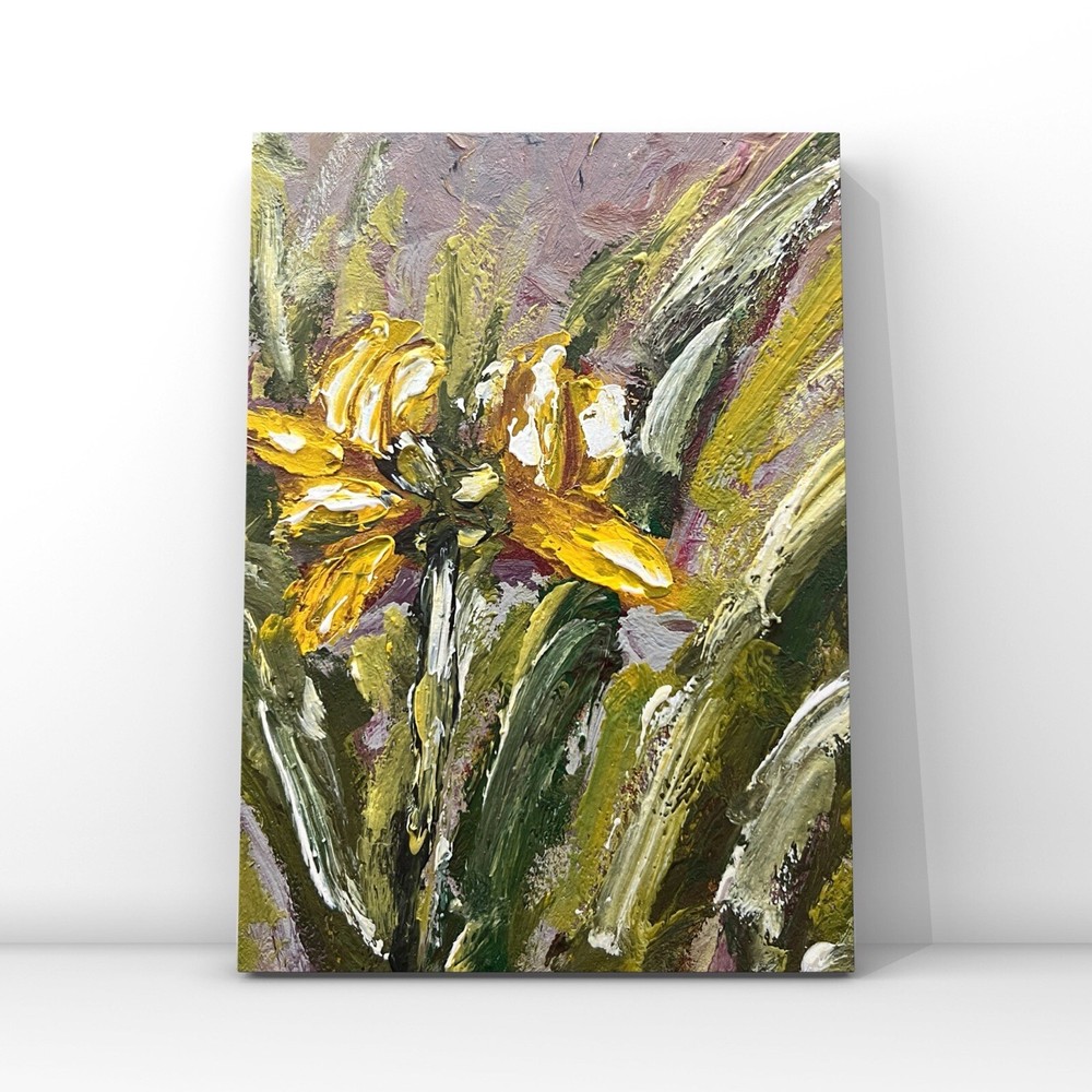 Original Floral Impressionism Miniature Oil Painting of Yellow Flowers