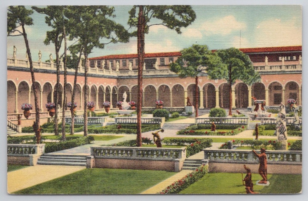 Ringling Art Museum Sarasota FL Curt Teich Linen Postcard Court Garden Statues