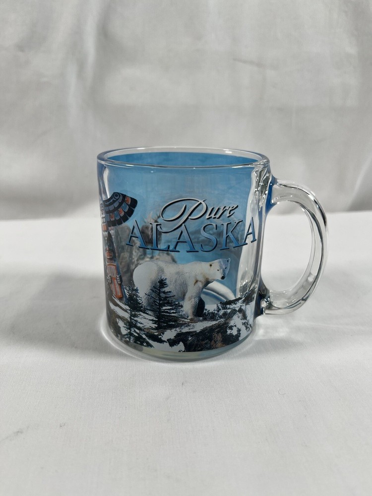 New PURE ALASKA Clear Glass with Blue Coffee Mug Cup Moose & Polar Bear #187