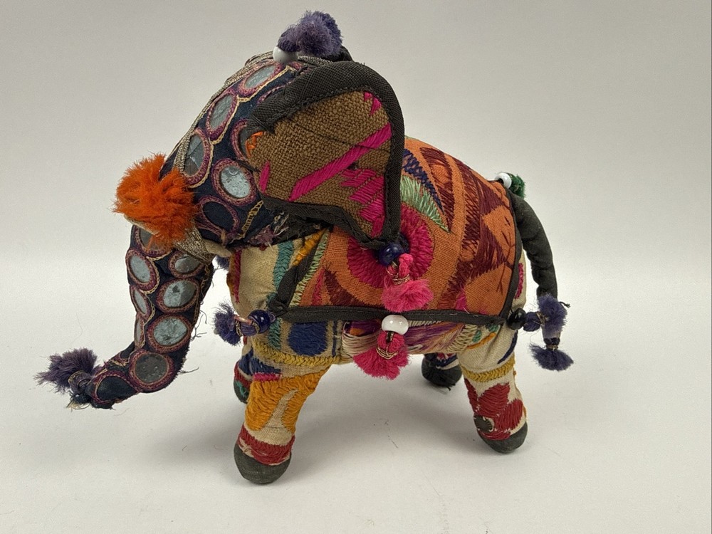 Vintage Folk Art Stuffed Elephant With Mirrors Patchwork  HandMade In India