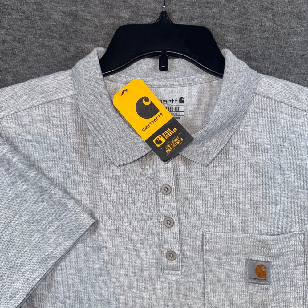 Carhartt Relaxed Fit Midweight Short Sleeve Pocket Polo Shirt Womens L Gray NEW