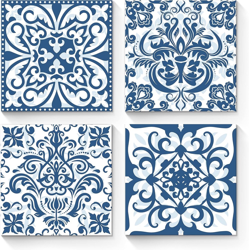 Vintage Flower Pattern Canvas Print: Navy Blue and White Bohemian Wall Art Abst
