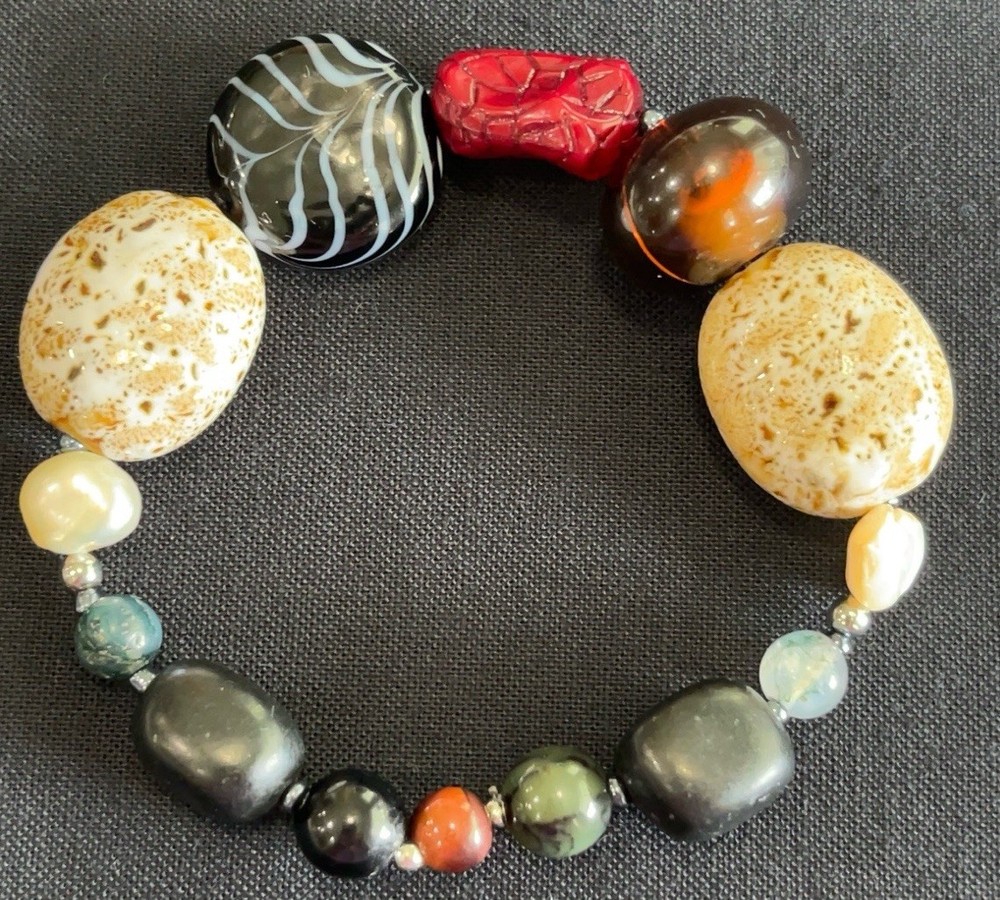 Chunky Artisan Stretch Bracelet Mixed Media Beads Lampwork Glass Pearl Boho