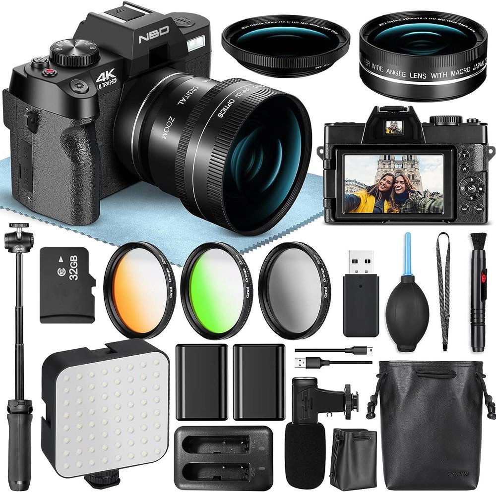 Digital Camera 4K 48MP 3'' flip screen Video Camera YouTube with Tripod Grip Mic