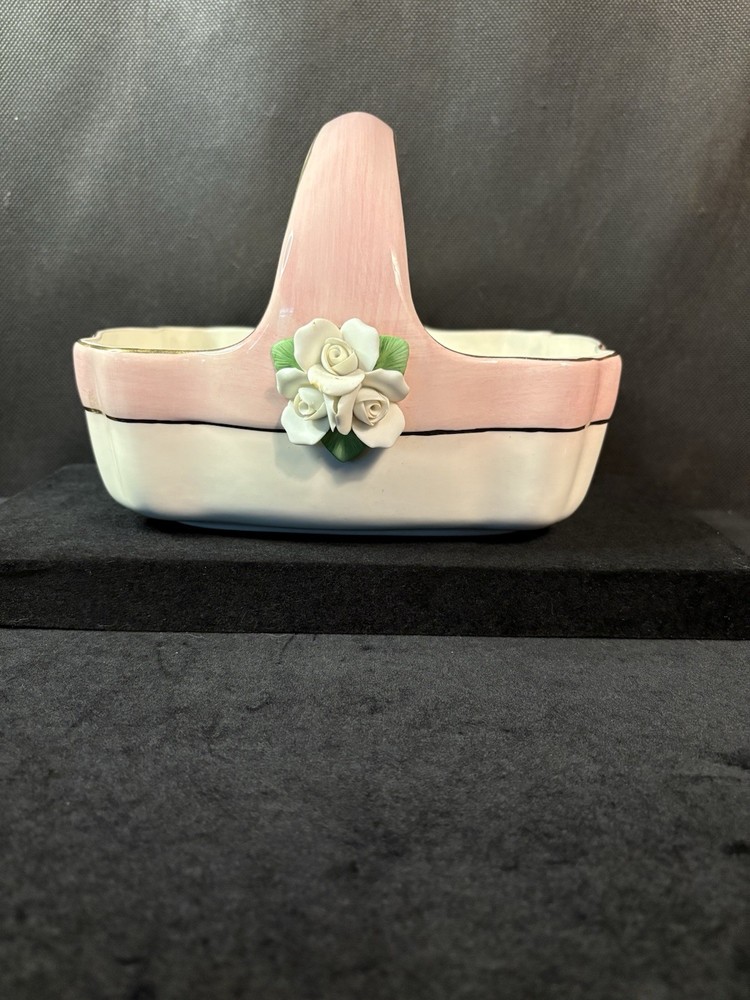 Vintage Porcelain Rectangle Flower Vase, Basket Style. Pink, White & Gold:)
