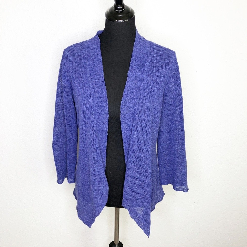 Eileen Fisher blue linen blend open front cardigan size Small