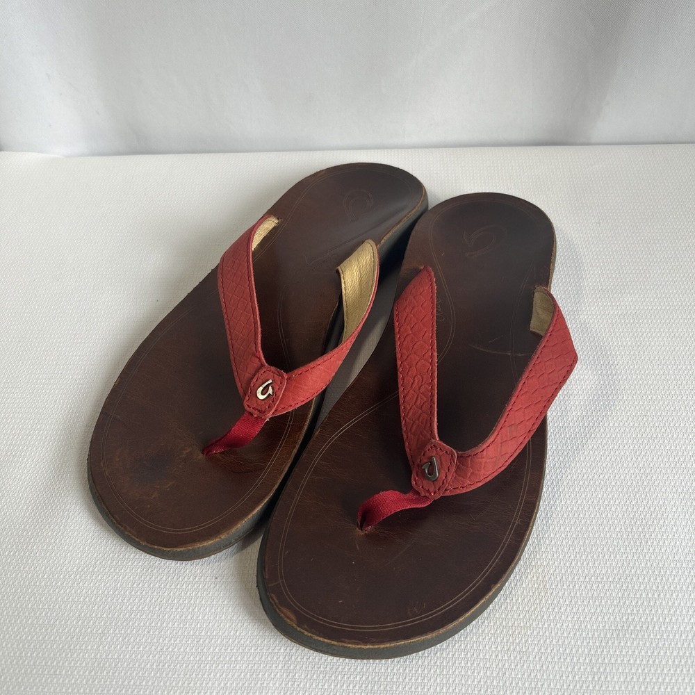 Olukai Womens US 9 Red Brown Leather Ohana Flip Flop Thong Sandals Comfort Arch Support
