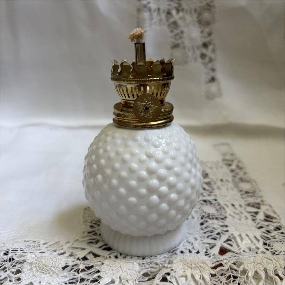 Vintage White Hobnail Milk Glass Mini Oil Lamp Made in Japan 4.5” Tall