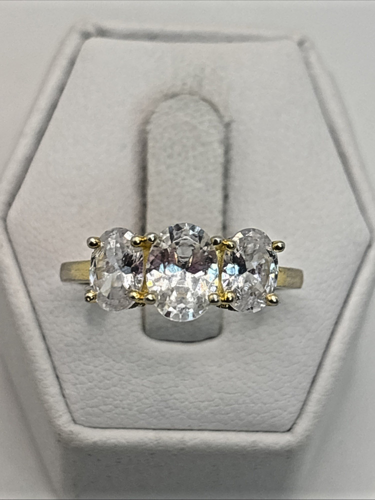 Gold Tone .925 Vintage Sterling Silver Estate Ring Size 8.25 w/ Colorless Stone
