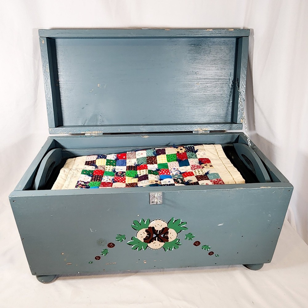 Handmade Blue Wooden Doll Bed & Trunk Set for 18 American Girl Kirsten