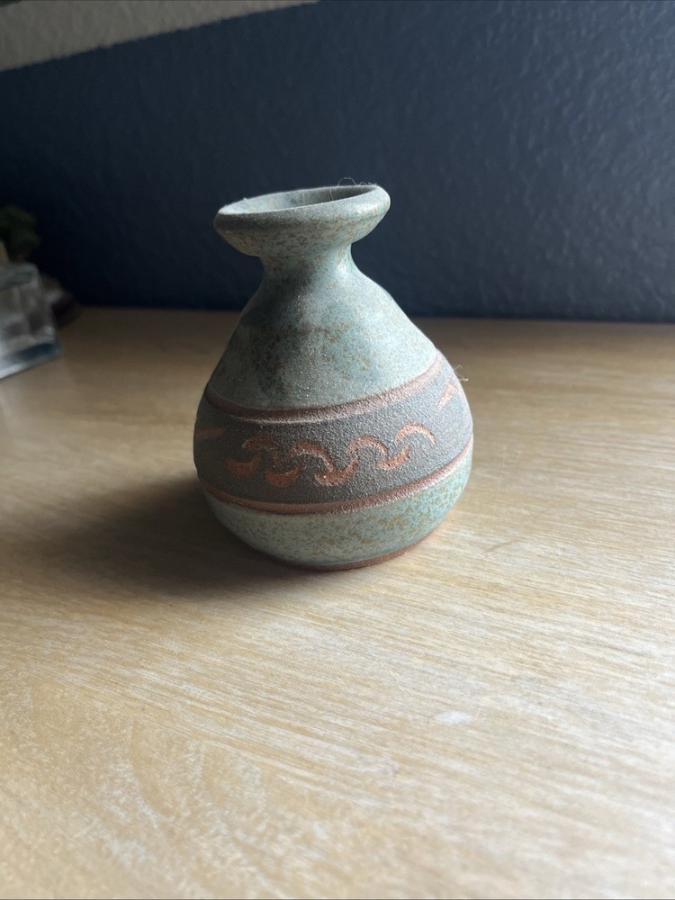Small Red Clay Pottery Bud Vase Blue and Black 4