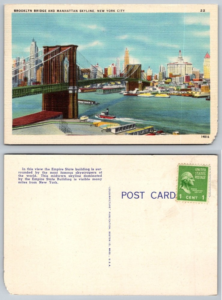 Brooklyn Bridge Manhattan Skyline Colourpicture Linen Postcard NYC Vintage