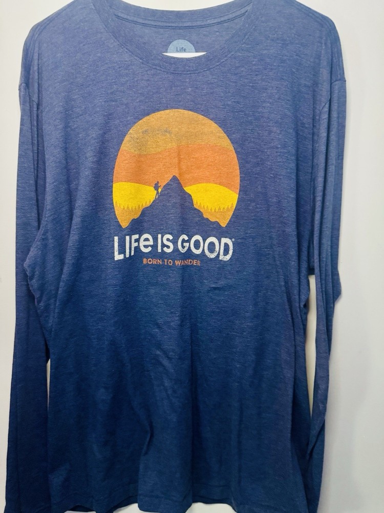 Life Is Good Shirt Mens XL Blue Cool Tee Born To Wander Hiking Outdoors