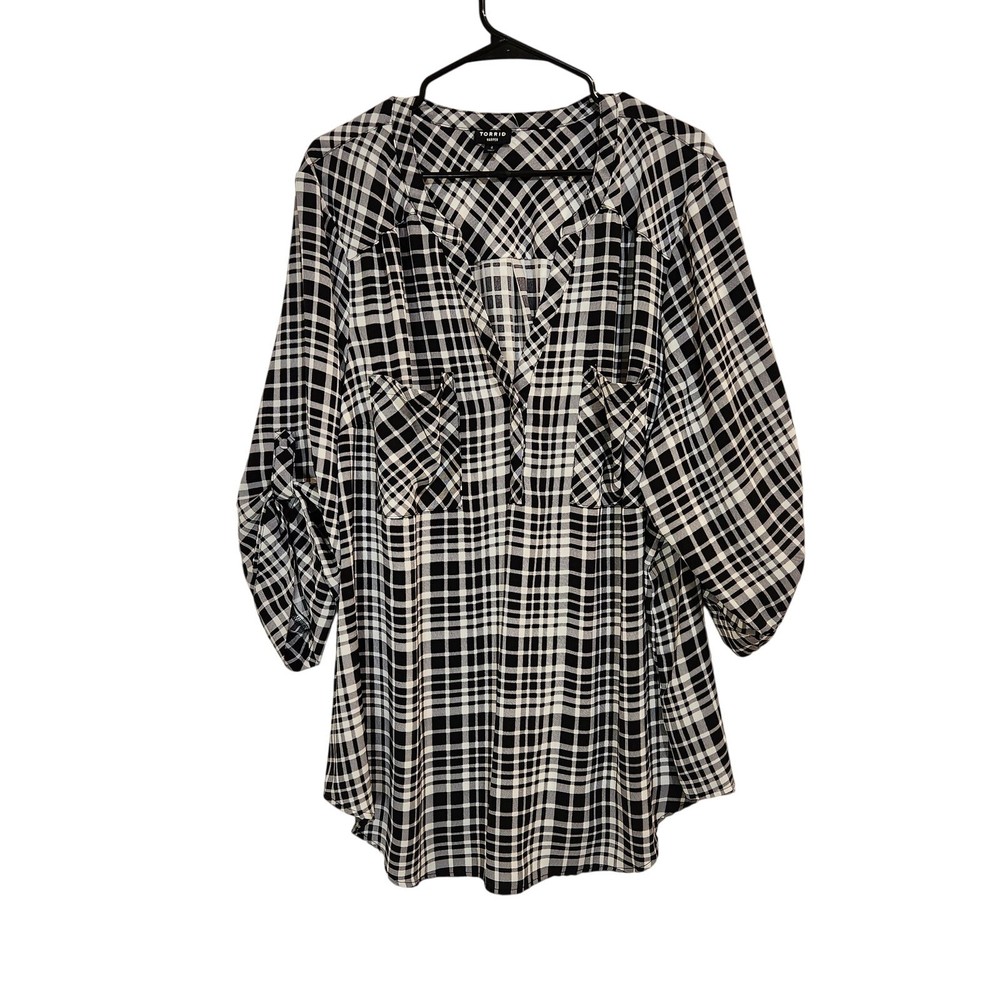 Torrid Black White Plaid Relaxed Harper Challis 3/4 Sleeve Blouse Top Size 4X