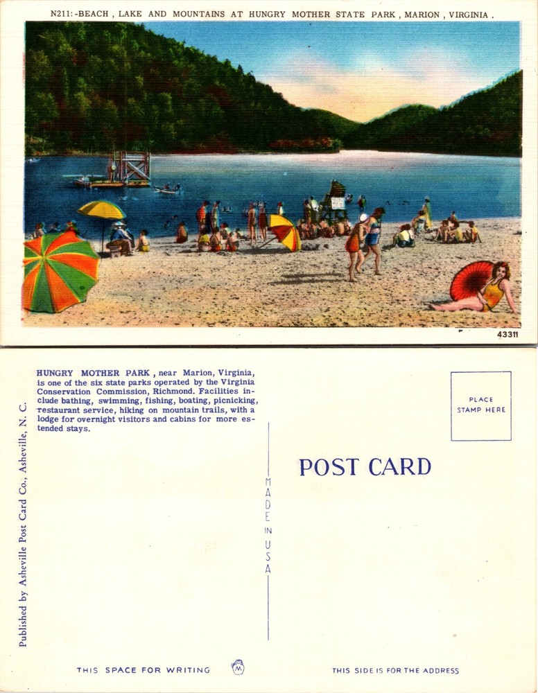 Beach Lake and Mountains Hungry Mother State Park Marion Virginia VA Postcard