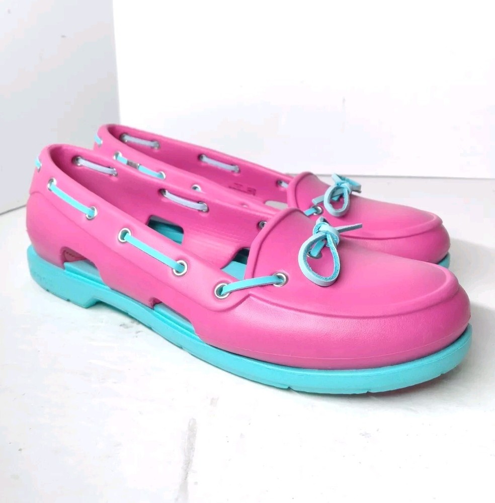 CROCS Women Size 11 Pink Blue Boat Shoes 14261 Slip On Comfort Lace Up Pre-owned
