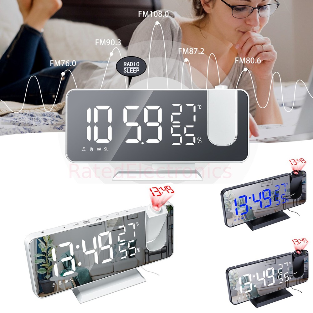 Desk Dual Alarm Clock LCD LED Digital Time Projection FM Radio Snooze Timer USA