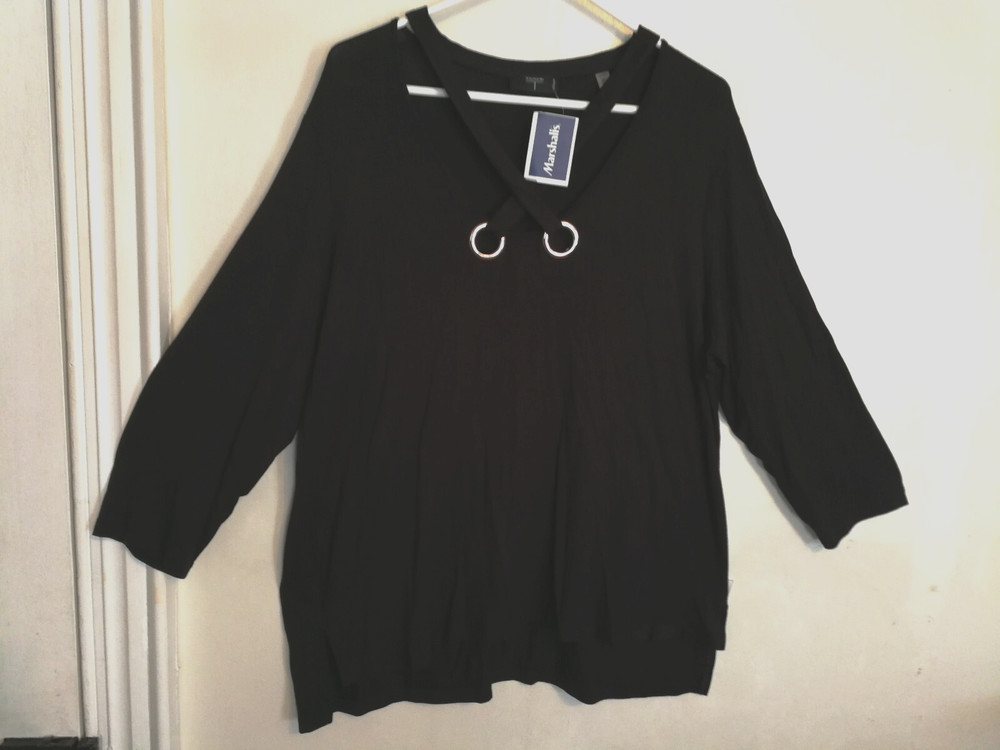 Tahari Womens Blouse 1X Plus Black Cross Neck O Ring Tunic Shirt Top 3/4 Sleeve