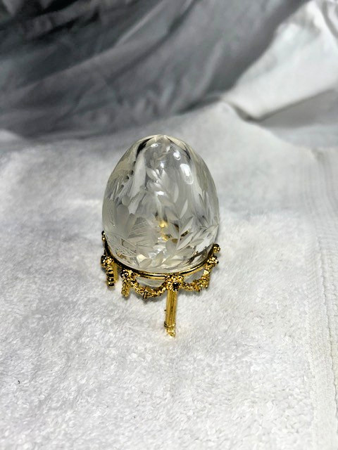 Signed Faberge #0360 Etched Design Crystal Egg With Stand-Russian Crown!