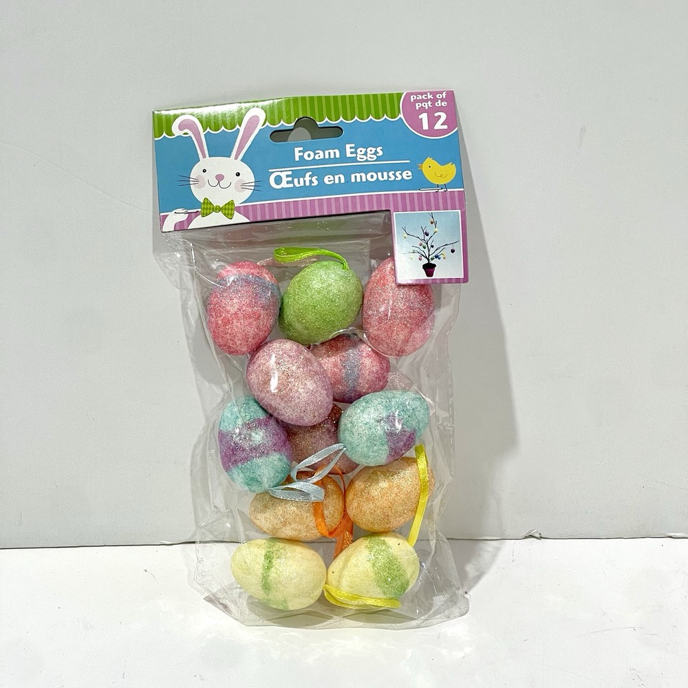 Easter Foam Egg Ornaments w Loops Solid-Color Glitter Mini-Eggs 12/Pk