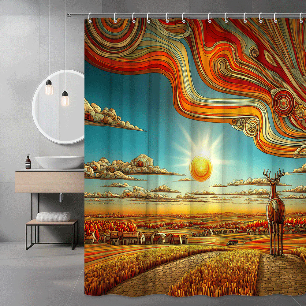 Sunset Deer Landscape Shower Curtain Abstract Graphic Print