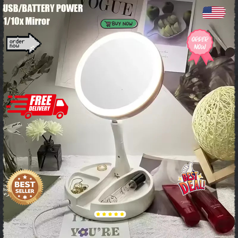 1X/10X LED Magnifying Lighted Vanity Mirror Foldable Desk Makeup Flexible