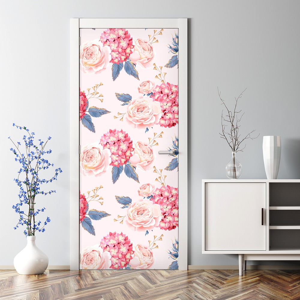 Rose and Hydrangea Adhesive Romantic Pattern Delicate Repositionable Door Decal