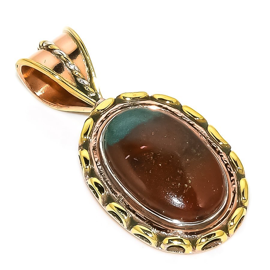 Natural Bloodstone Gemstone Two-Tone 925 Sterling Silver Pendant 1.5 Inch