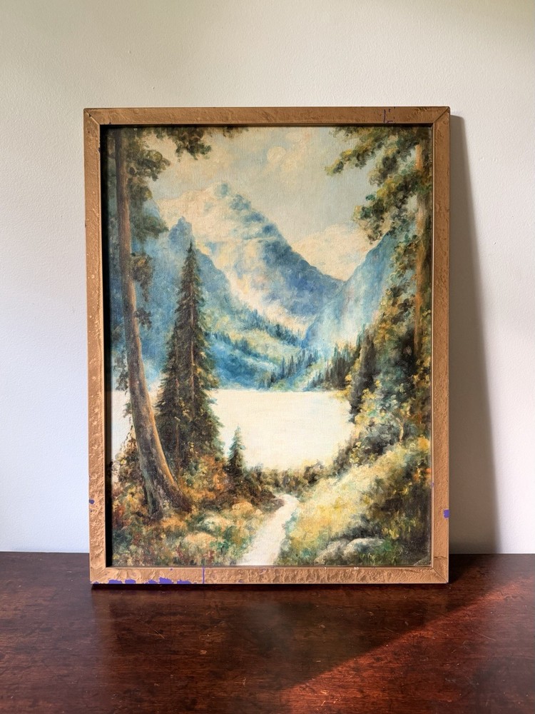 Vintage Canadian Alpine Mountain Landscape Oil Painting Early 20th C 24x18”