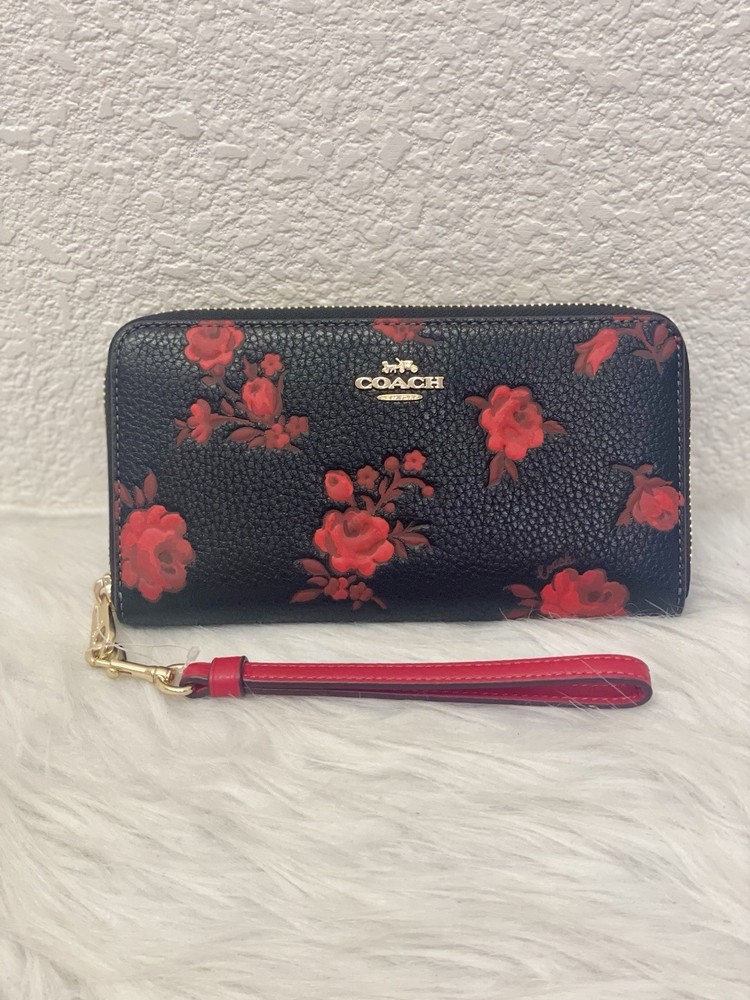 NWT Coach Long Zip Around Wallet With Floral Print CCL36 Black/Red