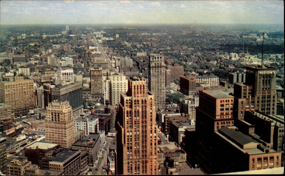 Michigan Detroit downtown from Penobscot Building aerial view  1950-60s postcard