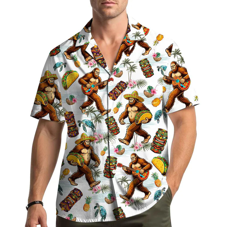 Bigfoot Tiki Taco Hawaii Shirt Men Sasquatch Aloha Beach