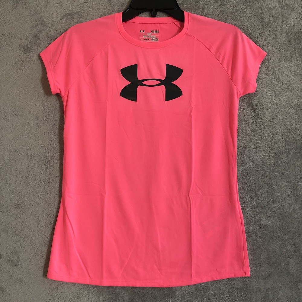 Under Armour Girls T Shirt Large HeatGear Pink Short Sleeve Logo Loose YLG