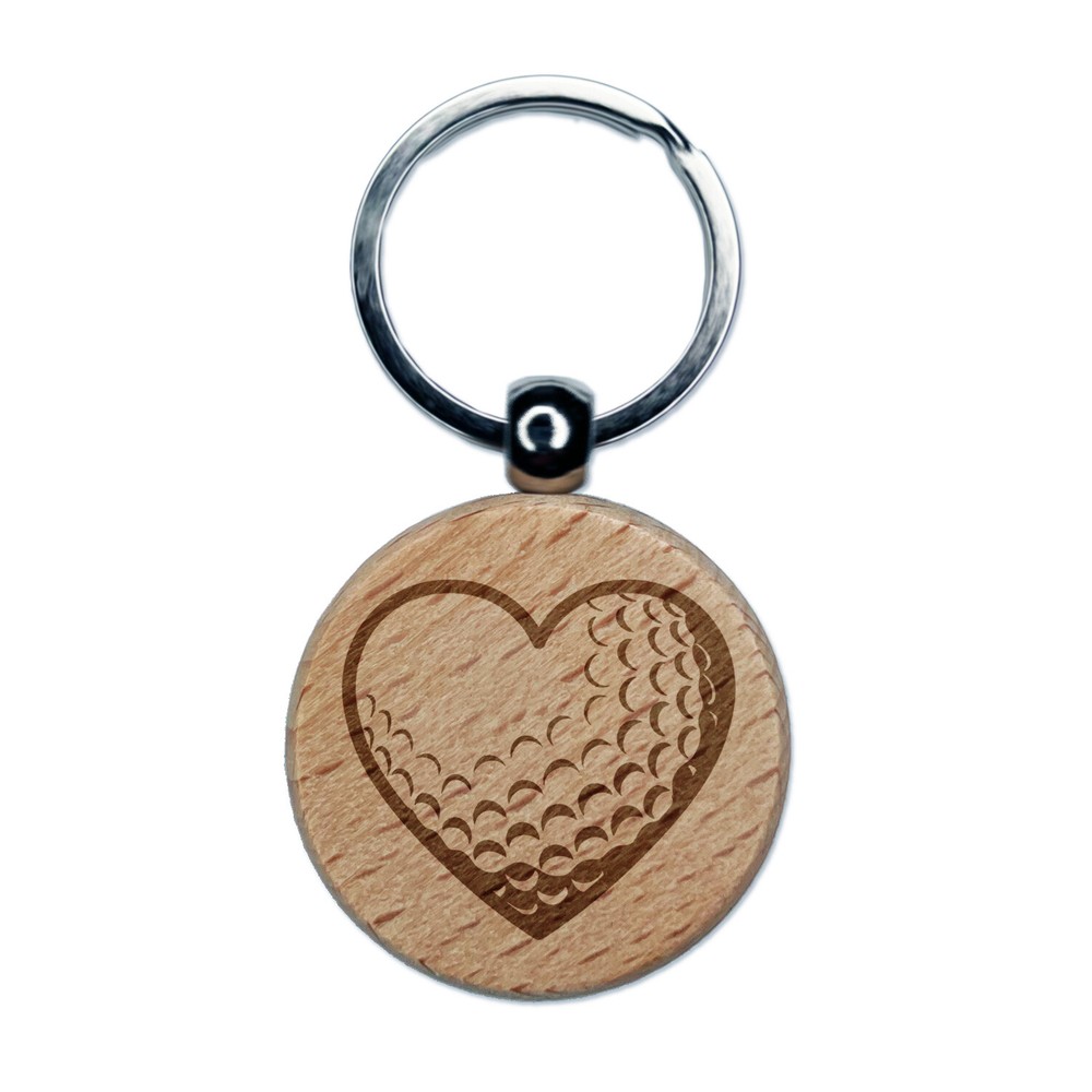 Heart Shaped Golf Ball Sports Engraved Wood Round Keychain Tag Charm