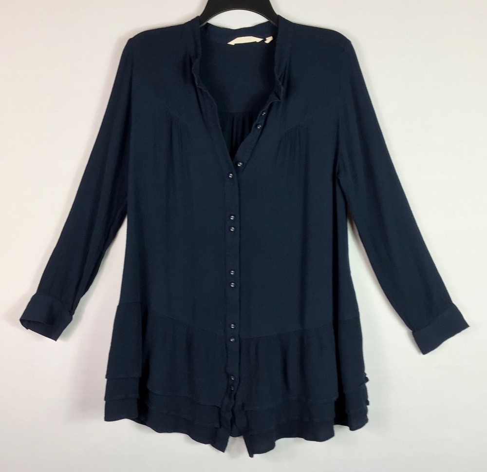 Soft Surroundings Tunic Womens Med Blue Button Up Tiered Long Sleeve Pockets